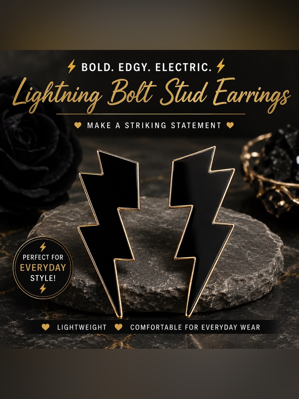 Lightning Bolt Stud Earrings - Black and Gold